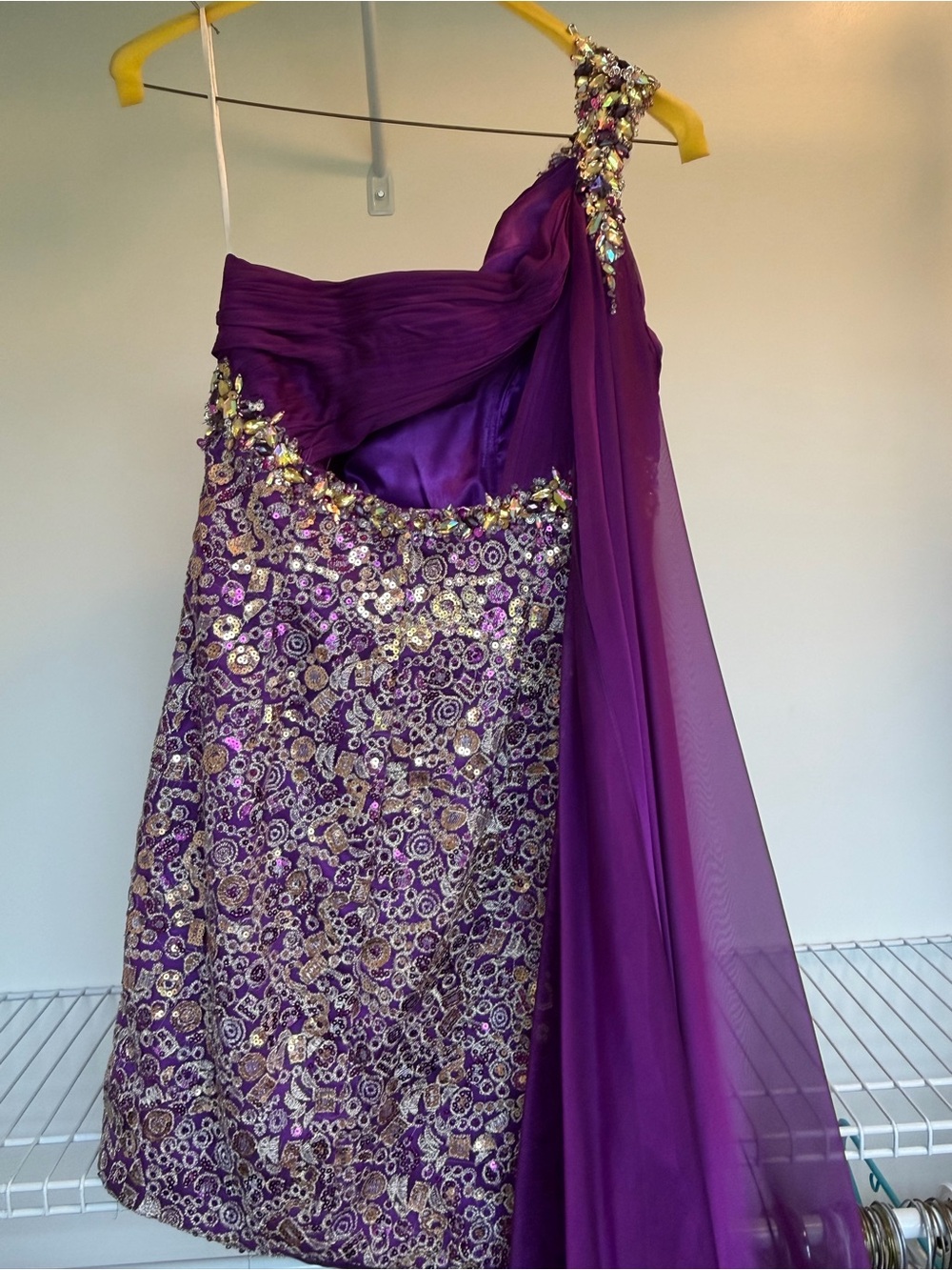 Mac Duggal One-Shoulder Purple and Gold Sequin Cocktail Dress - Picture 6 of 8